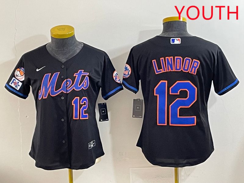Youth 2025 New York Mets #12 Lindor Black Game Nike MLB Jersey style 3